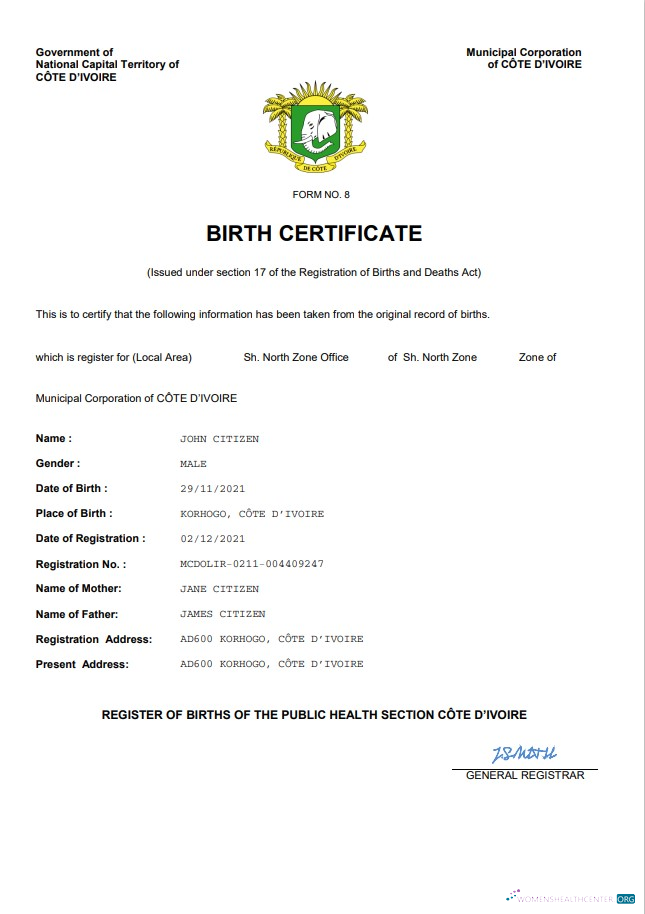 Download Cote d’Ivoire vital record birth certificate Word and PDF template Photoshop template
